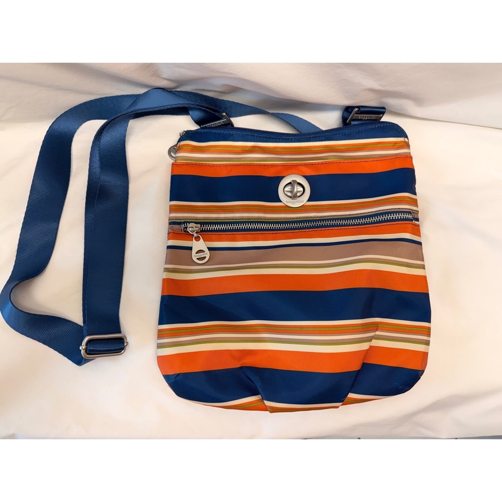 Baggallini Striped Nylon Crossbody Bag Orange Blue Multi Pocket Travel Purse